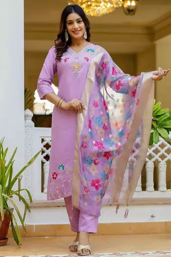 Lavender color ceremonial wear viscose gadhwal fabric readymade kurta set