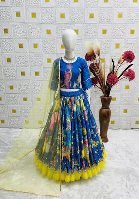 Alluring Chinon Silk Embroidery Digital Printed Rama Lehenga Choli 2