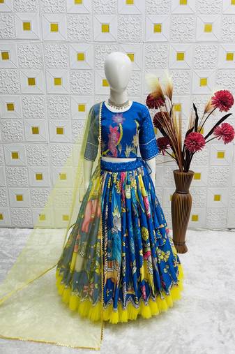 Alluring Chinon Silk Embroidery Digital Printed Rama Lehenga Choli