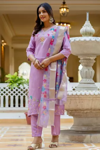 Lavender color ceremonial wear viscosee gadhwal readymade kurta set