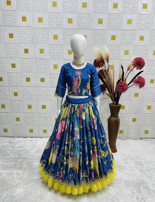 Alluring Chinon Silk Embroidery Digital Printed Rama Lehenga Choli 3