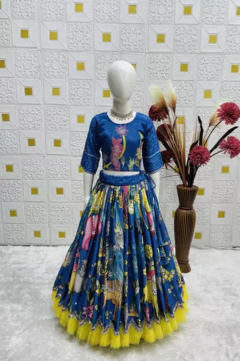 Alluring Chinon Silk Embroidery Digital Printed Rama Lehenga Choli