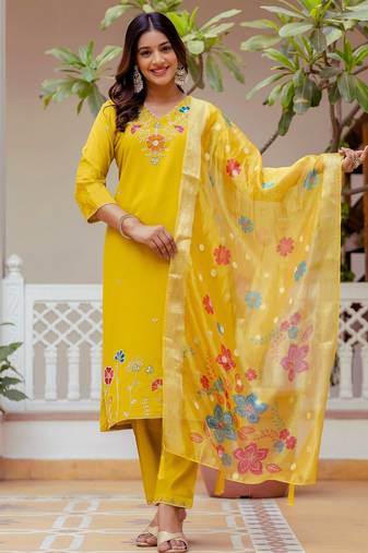 Mustard color ceremonial wear viscose gadhwal fabric readymade kurta set