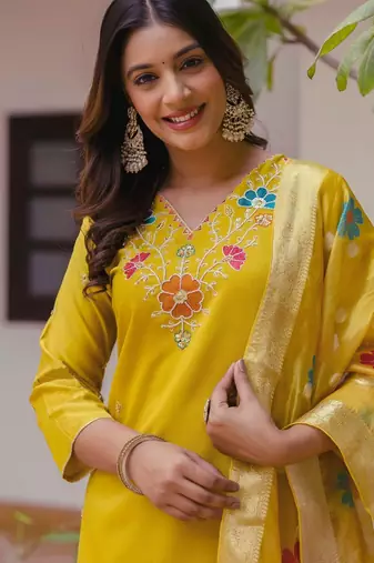 Mustard color ceremonial wear viscosee gadhwal readymade kurta set
