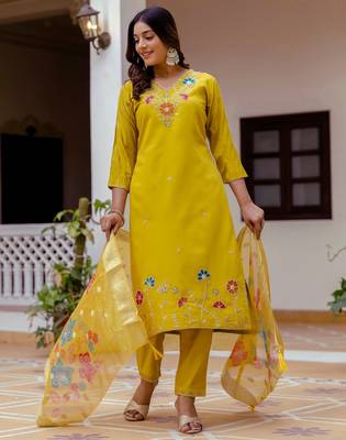 Mustard color ceremonial wear viscosee gadhwal readymade kurta set 4