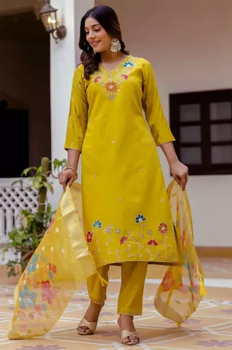 Mustard color ceremonial wear viscosee gadhwal readymade kurta set