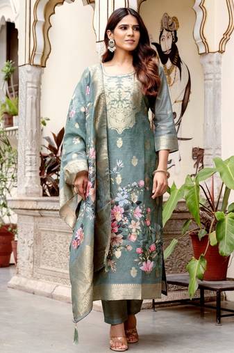 Grey color ceremonial wear chanderi cotton fabric readymade kurta set