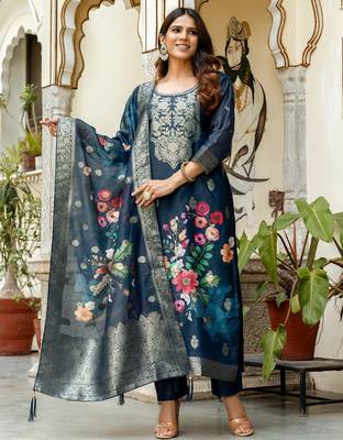 Blue color ceremonial wear chanderi cotton readymade kurta set 1