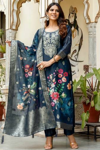 Blue color ceremonial wear chanderi cotton fabric readymade kurta set