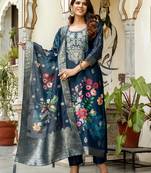 Blue color ceremonial wear chanderi cotton fabric readymade kurta set