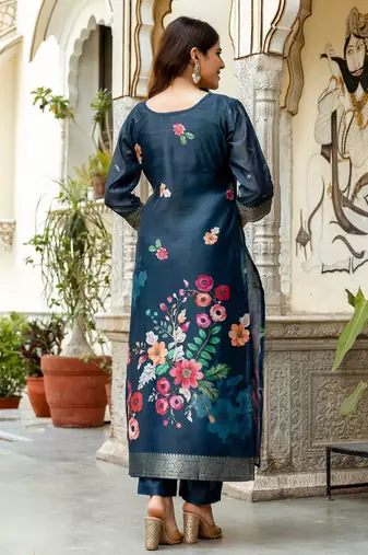 Blue color ceremonial wear chanderi cotton readymade kurta set