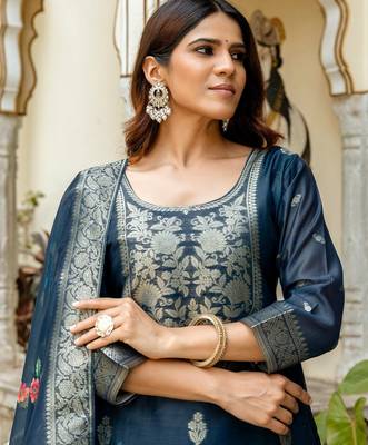 Blue color ceremonial wear chanderi cotton readymade kurta set 3