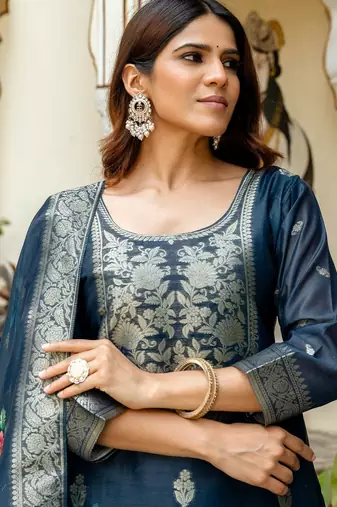 Blue color ceremonial wear chanderi cotton readymade kurta set