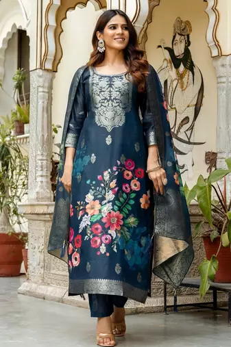 Blue color ceremonial wear chanderi cotton readymade kurta set