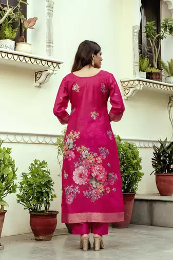 Pink color ceremonial wear chanderi cotton readymade kurta set