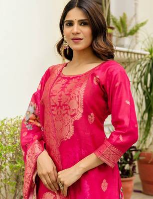 Pink color ceremonial wear chanderi cotton readymade kurta set 3