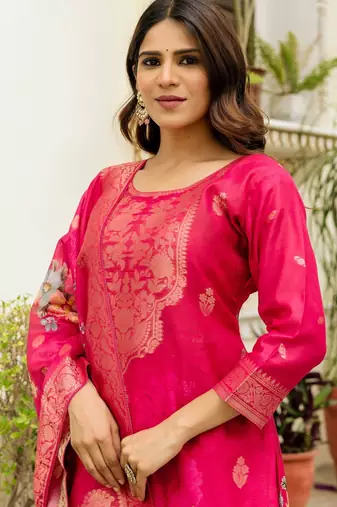 Pink color ceremonial wear chanderi cotton readymade kurta set