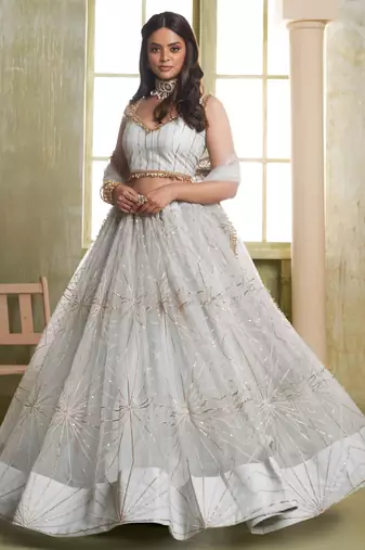Heavy And Ethnic Light Grey Color Bridesmaid Lehenga Choli For Ceremonial Presence