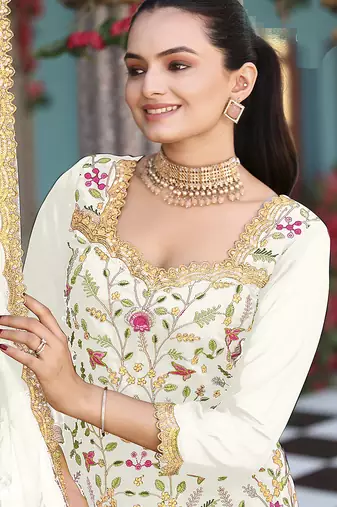 Off white color georgette fabric ceremonial wear wedding attire