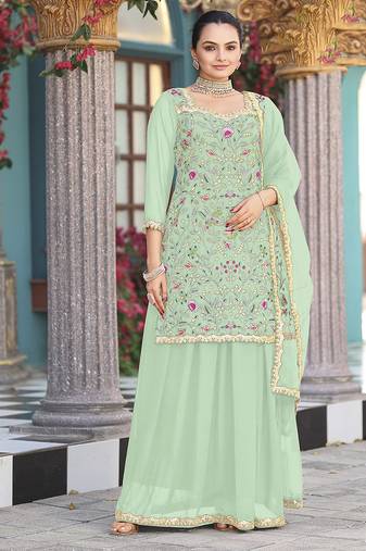 Sea green georgette fabric Plazzo Skirt Suit