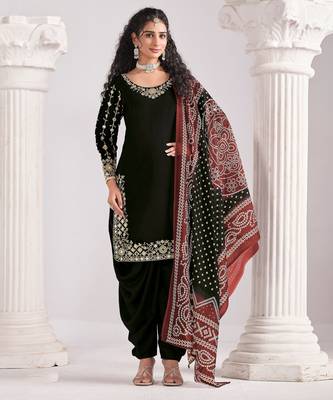 Black color roman silk fabric embroidered suit 1