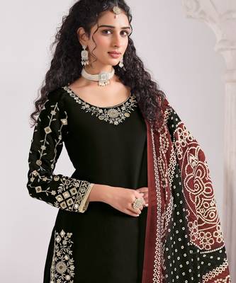 Black color roman silk fabric embroidered suit 2