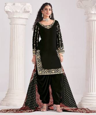 Black color roman silk fabric embroidered suit 3