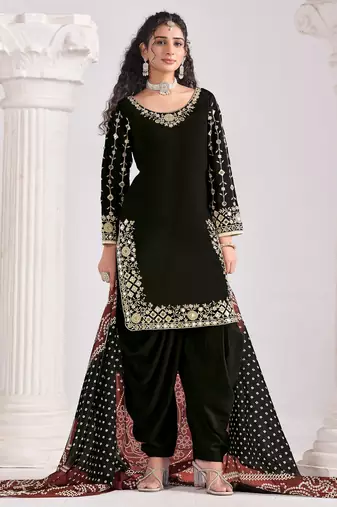 Black color roman silk fabric embroidered suit