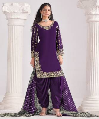Voilet color roman silk fabric embroidered suit 1