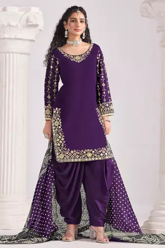 Voilet color roman silk fabric designer embroidered suit