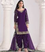 Voilet color roman silk fabric embroidered suit