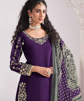 Voilet color roman silk fabric embroidered suit 2