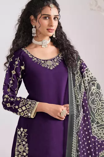 Voilet color roman silk fabric embroidered suit