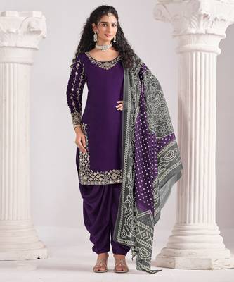 Voilet color roman silk fabric embroidered suit 3