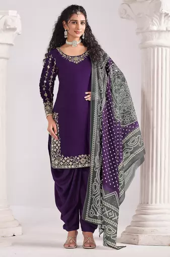 Voilet color roman silk fabric embroidered suit