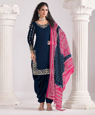 Blue color roman silk fabric embroidered suit 1