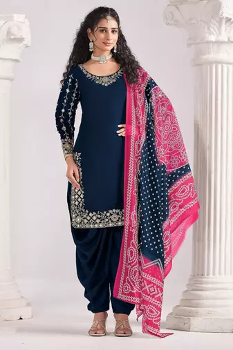 Blue color roman silk fabric designer embroidered suit