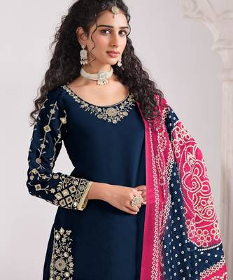 Blue color roman silk fabric embroidered suit 2