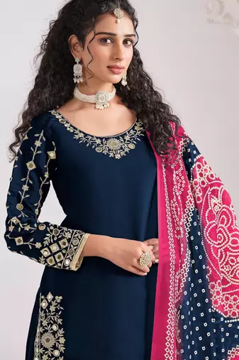 Blue color roman silk fabric embroidered suit