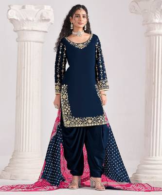 Blue color roman silk fabric embroidered suit 3