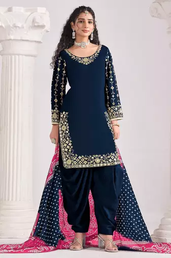 Blue color roman silk fabric embroidered suit