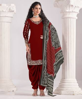 Maroon color roman silk fabric embroidered suit 1
