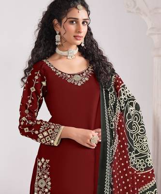 Maroon color roman silk fabric embroidered suit 2