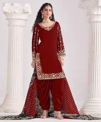 Maroon color roman silk fabric embroidered suit 3