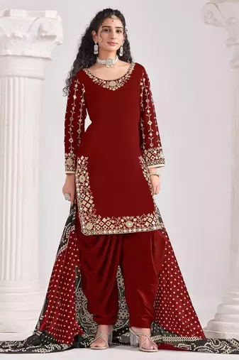 Maroon color roman silk fabric embroidered suit