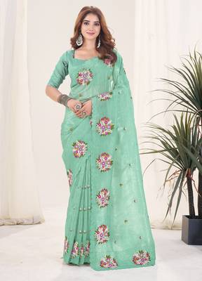 Green gold crush embroidered saree 1