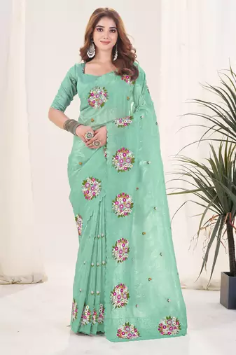 Green color gold crush fabric designer embroidered saree