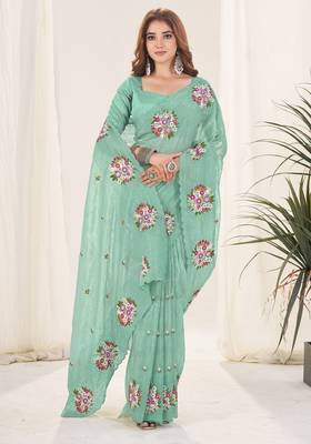 Green gold crush embroidered saree 4