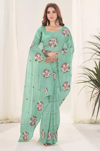 Green gold crush embroidered saree
