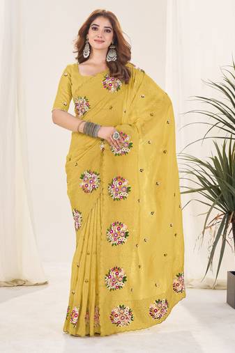 Mustard color gold crush fabric designer embroidered saree